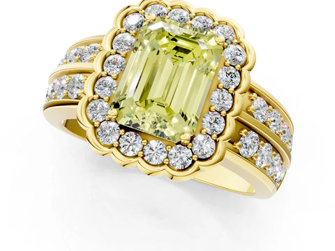 Yellow gold Fancy Yellow Emerald Cut Halo Diamond Split Shank Ring with Scalloped Prong Setting_1