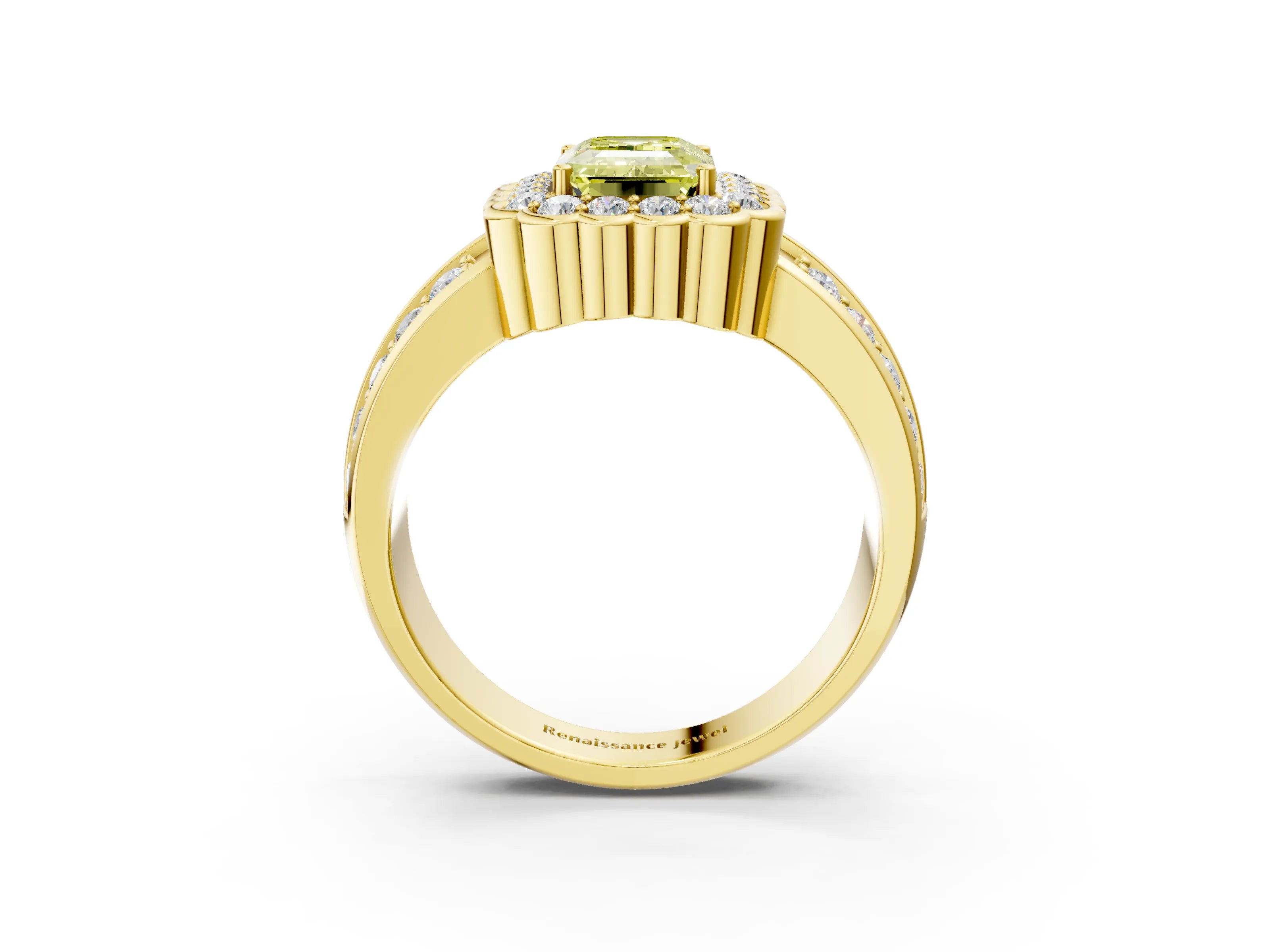 Yellow gold Fancy Yellow Emerald Cut Halo Diamond Split Shank Ring with Scalloped Prong Setting_3