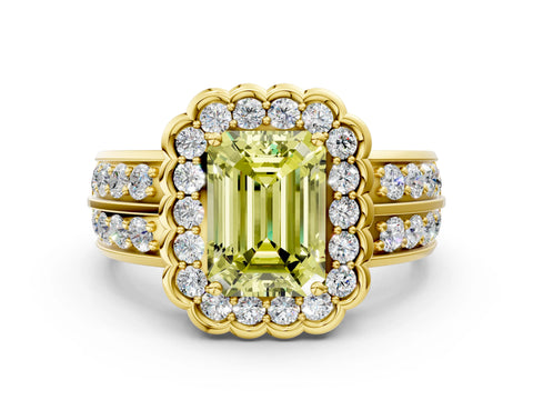 Yellow gold Fancy Yellow Emerald Cut Halo Diamond Split Shank Ring with Scalloped Prong Setting