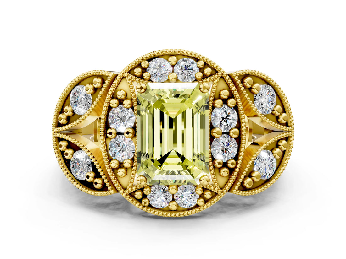 Yellow gold Fancy Yellow Emerald Cut Halo Milgrain Diamond Engagement Ring with Leaf Band and Four-Prong Setting