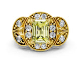 Yellow gold Fancy Yellow Emerald Cut Halo Milgrain Diamond Engagement Ring with Leaf Band and Four-Prong Setting
