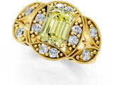 Yellow gold Fancy Yellow Emerald Cut Halo Milgrain Diamond Engagement Ring with Leaf Band and Four-Prong Setting_1