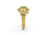 Yellow gold Fancy Yellow Emerald Cut Halo Milgrain Diamond Engagement Ring with Leaf Band and Four-Prong Setting_2