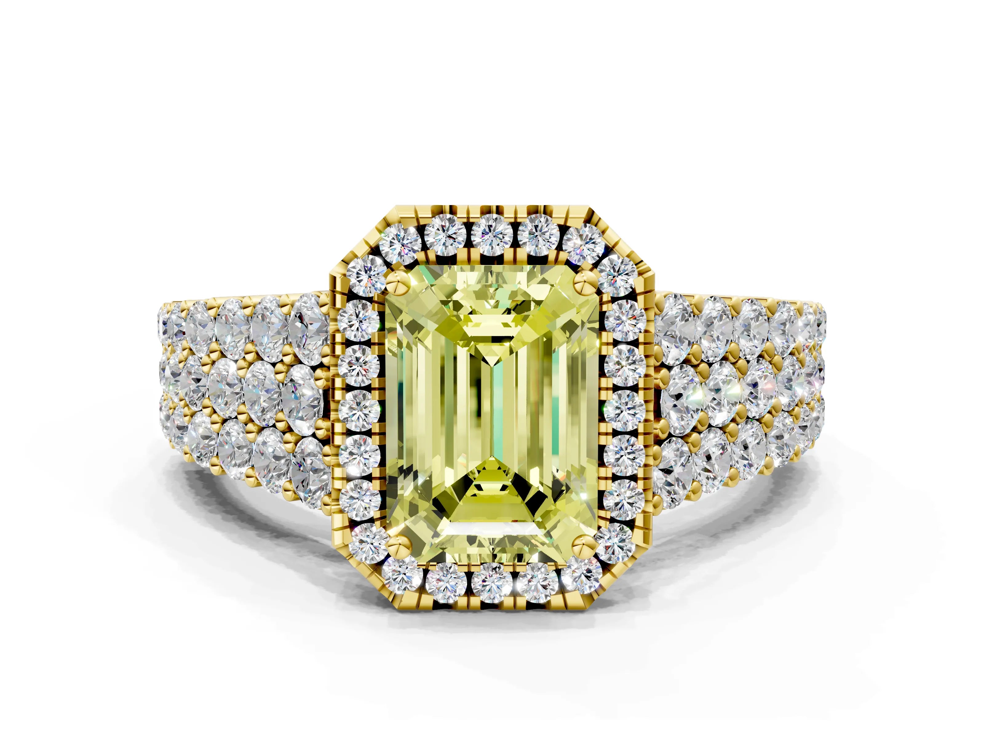 Yellow gold Fancy Yellow Emerald Cut Halo Pavé Diamond Engagement Ring with Split Shank and Four-Prong Setting_3
