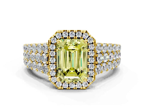 Yellow gold Fancy Yellow Emerald Cut Halo Pavé Diamond Engagement Ring with Split Shank and Four-Prong Setting_3