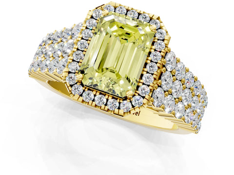 Yellow gold Fancy Yellow Emerald Cut Halo Pavé Diamond Engagement Ring with Split Shank and Four-Prong Setting_4