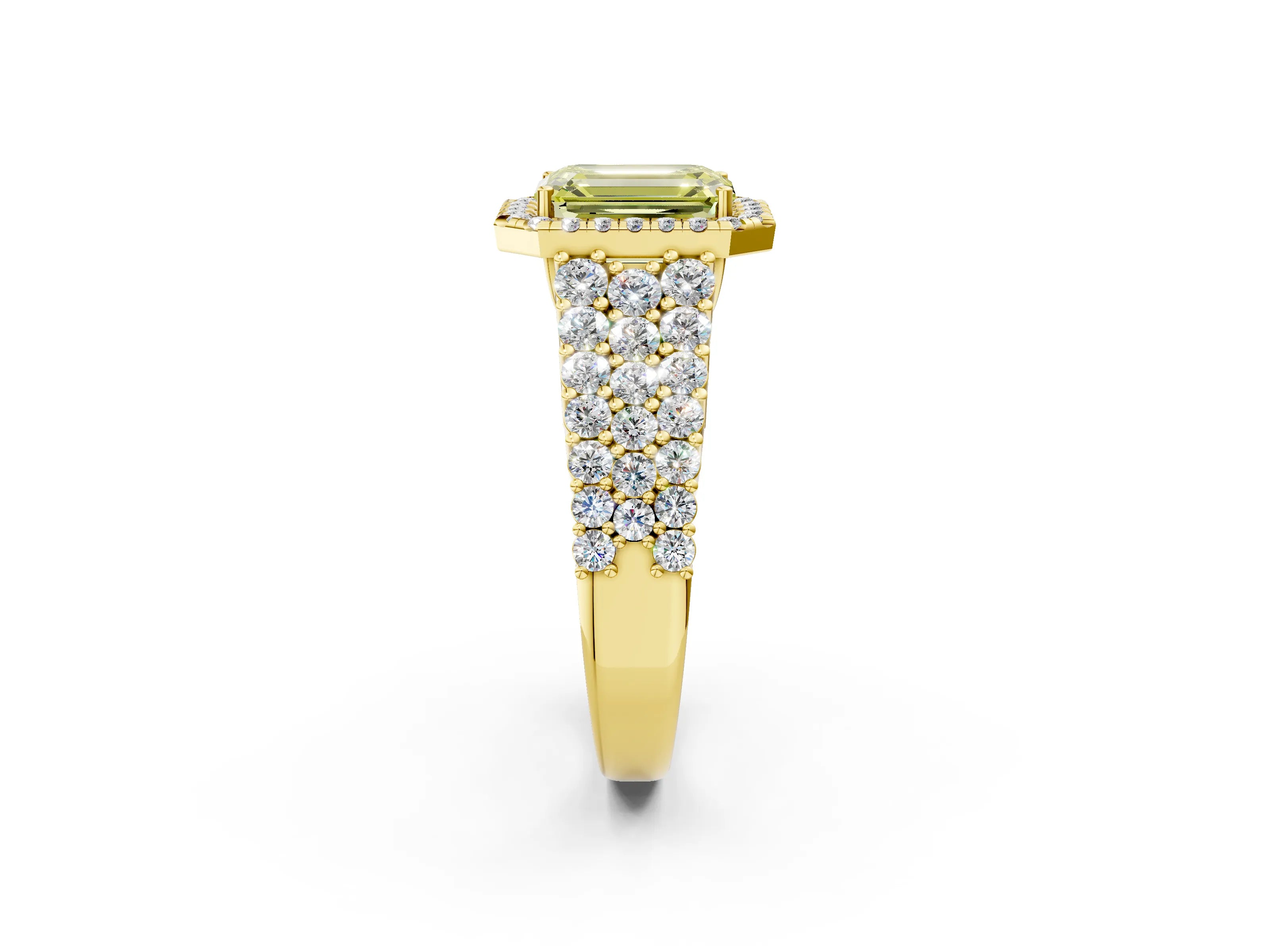 Yellow gold Fancy Yellow Emerald Cut Halo Pavé Diamond Engagement Ring with Split Shank and Four-Prong Setting_5