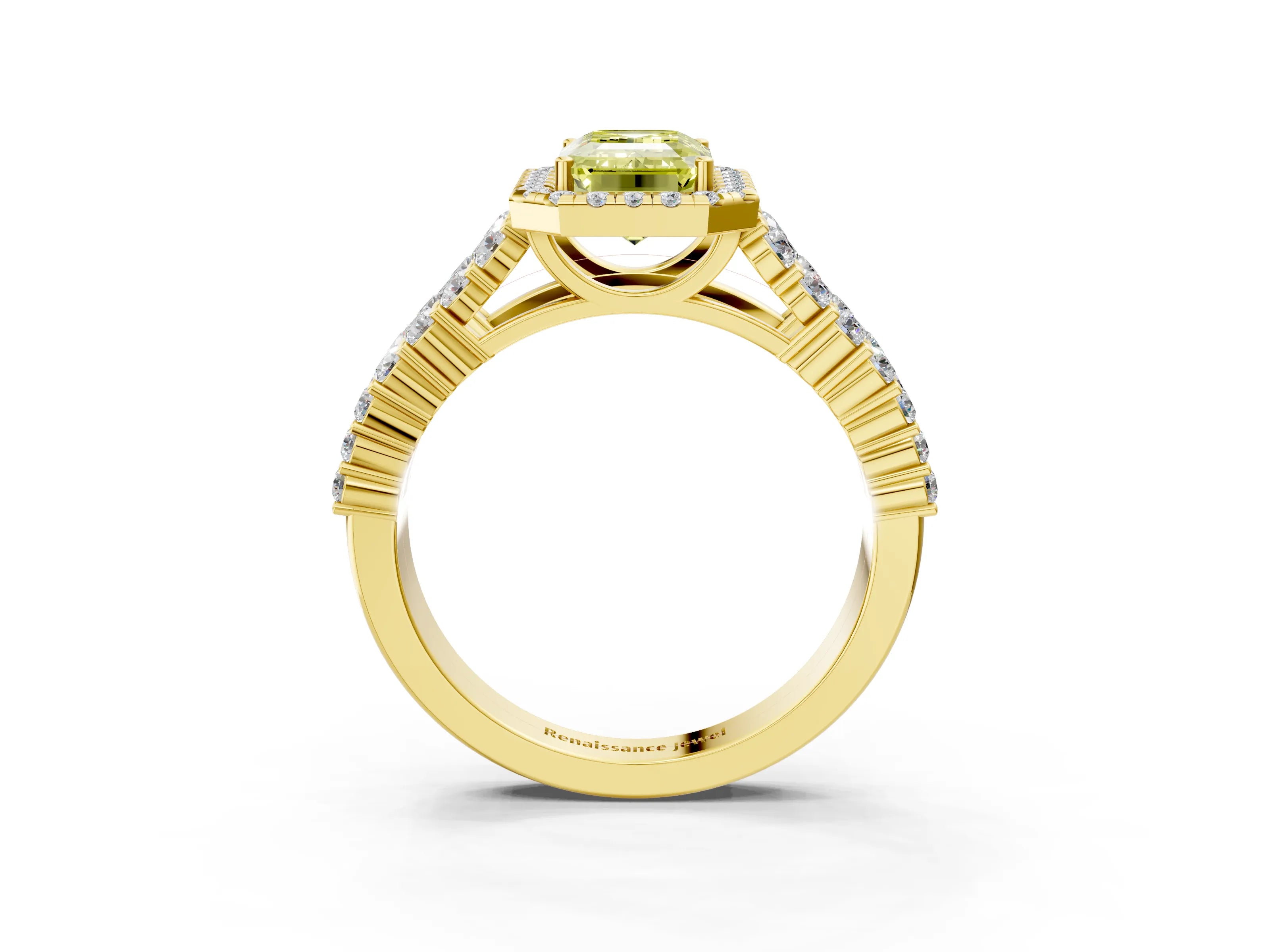 Yellow gold Fancy Yellow Emerald Cut Halo Pavé Diamond Engagement Ring with Split Shank and Four-Prong Setting_6