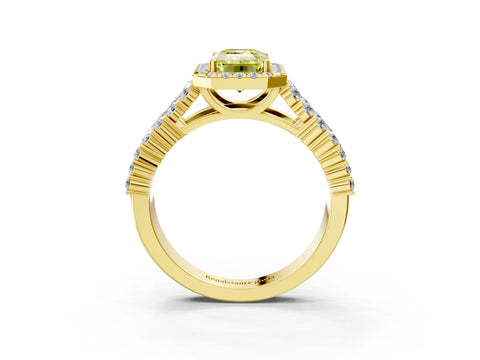 Yellow gold Fancy Yellow Emerald Cut Halo Pavé Diamond Engagement Ring with Split Shank and Four-Prong Setting_6