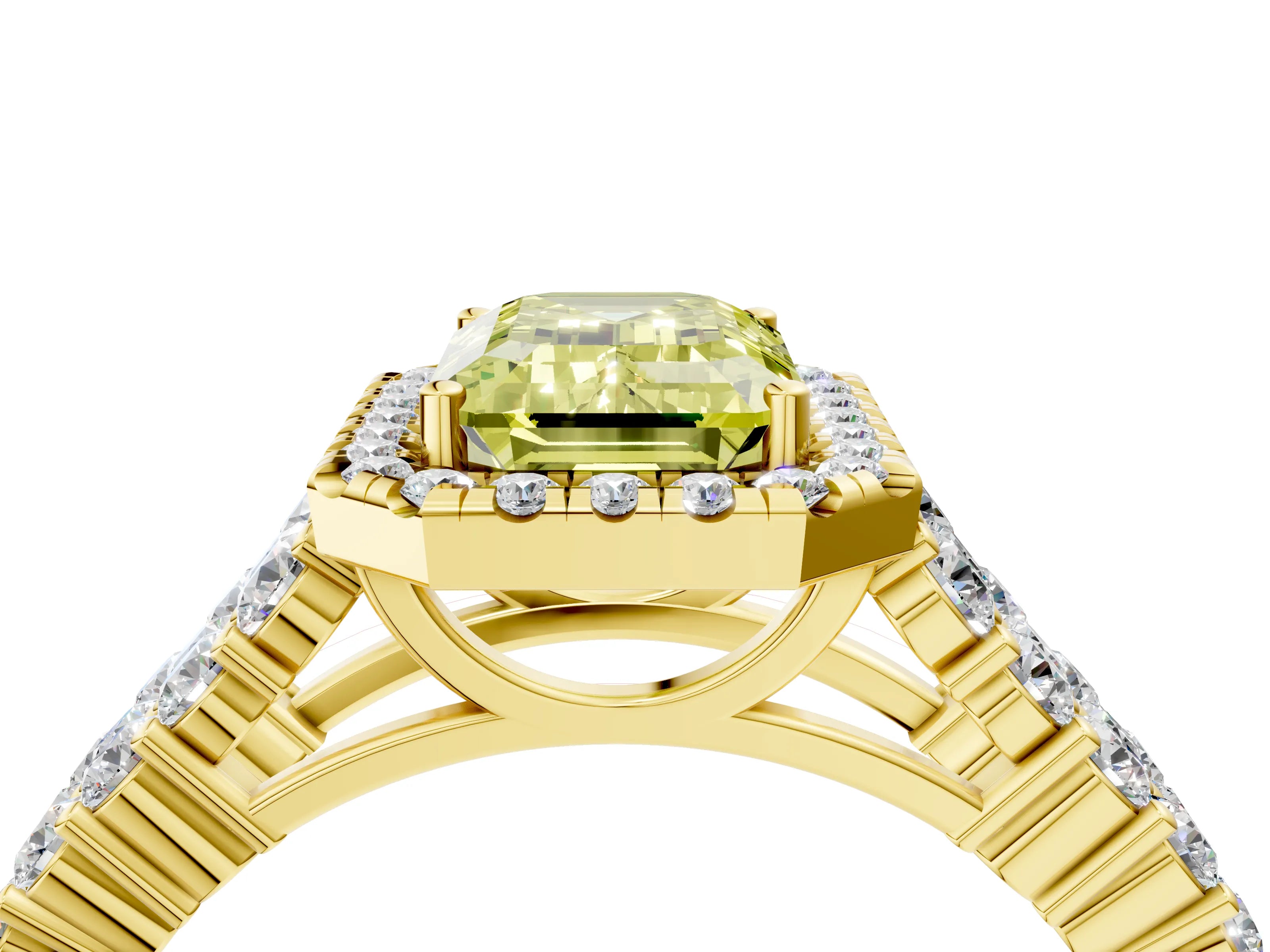 Yellow gold Fancy Yellow Emerald Cut Halo Pavé Diamond Engagement Ring with Split Shank and Four-Prong Setting_7