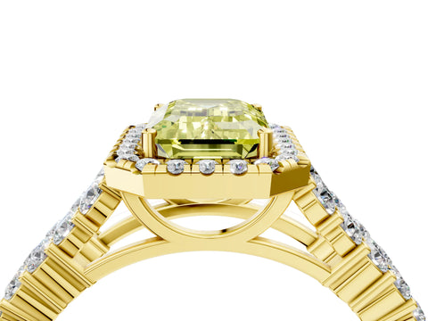 Yellow gold Fancy Yellow Emerald Cut Halo Pavé Diamond Engagement Ring with Split Shank and Four-Prong Setting_7
