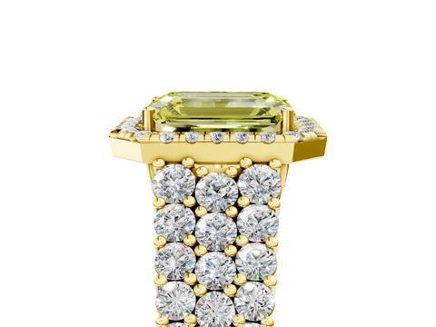 Yellow gold Fancy Yellow Emerald Cut Halo Pavé Diamond Engagement Ring with Split Shank and Four-Prong Setting_8