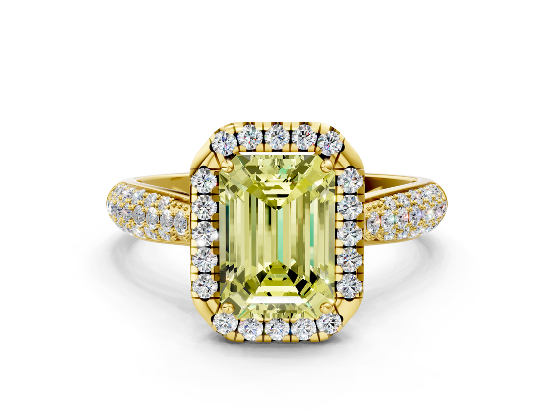 Yellow gold Fancy Yellow Emerald  Cut Halo Pave Band Four-Prong Setting Ring_37