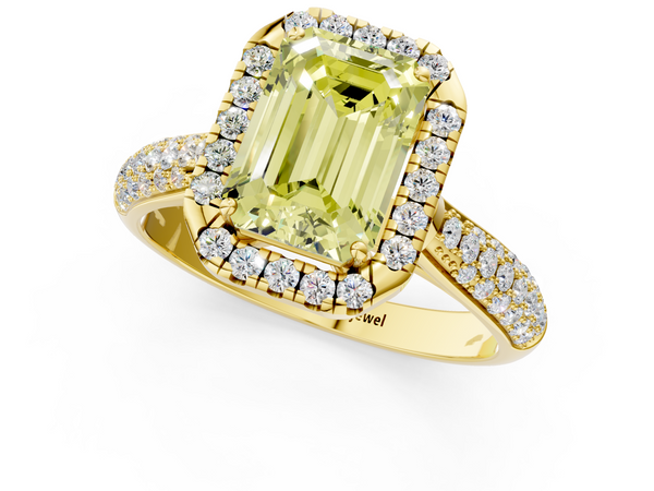 Yellow gold Fancy Yellow Emerald  Cut Halo Pave Band Four-Prong Setting Ring