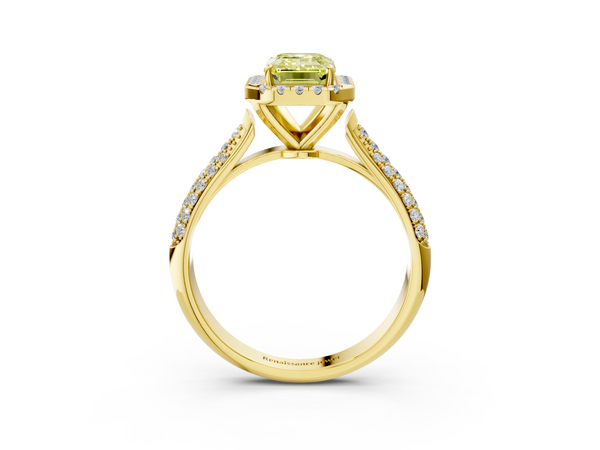 Yellow gold Fancy Yellow Emerald  Cut Halo Pave Band Four-Prong Setting Ring