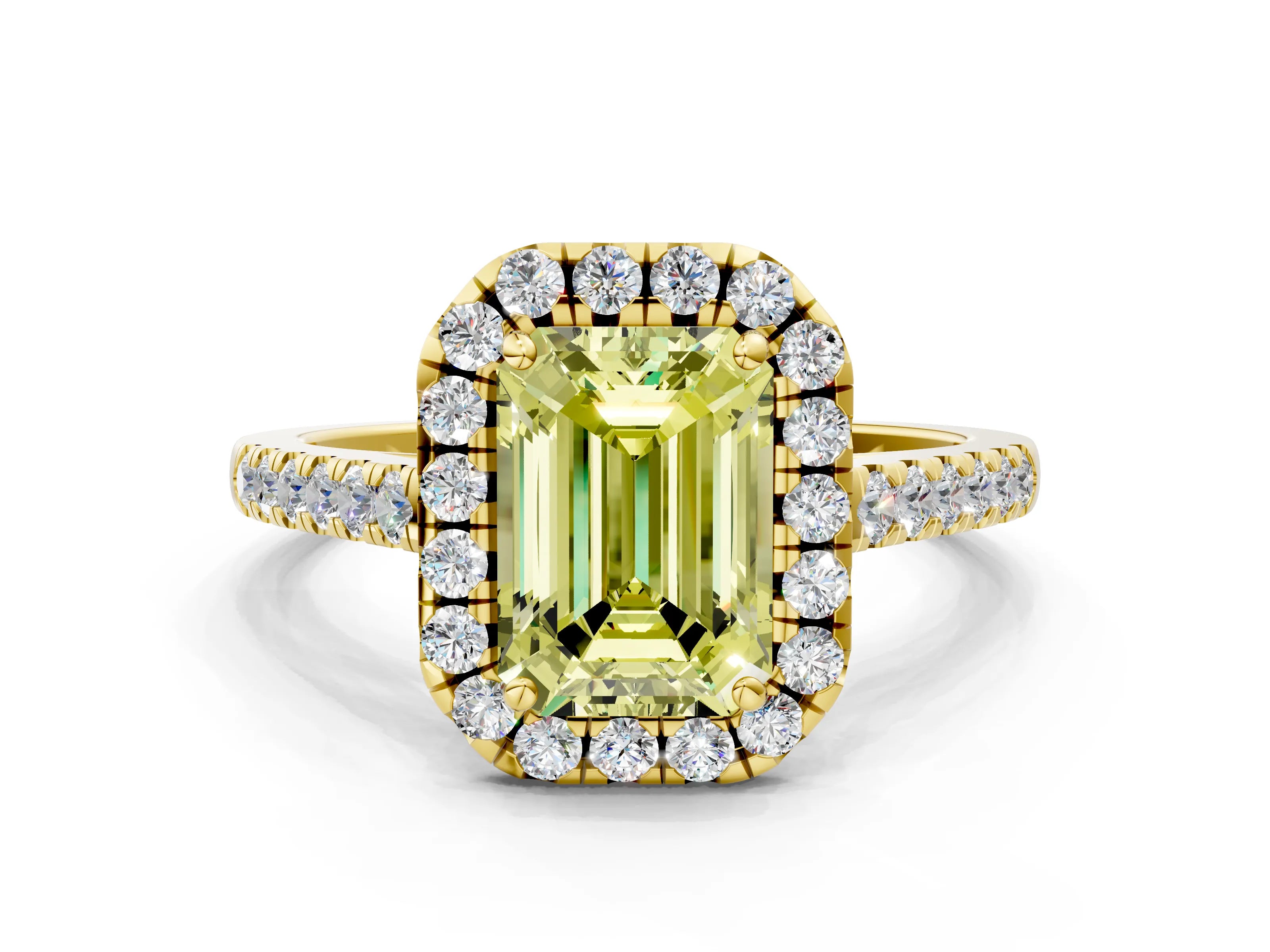 Yellow gold Fancy Yellow Emerald Cut Halo Pave Diamond Engagement Ring with Four-Prong Setting