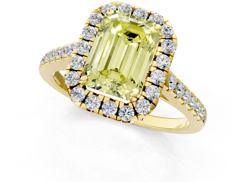 Yellow gold Fancy Yellow Emerald Cut Halo Pave Diamond Engagement Ring with Four-Prong Setting_1