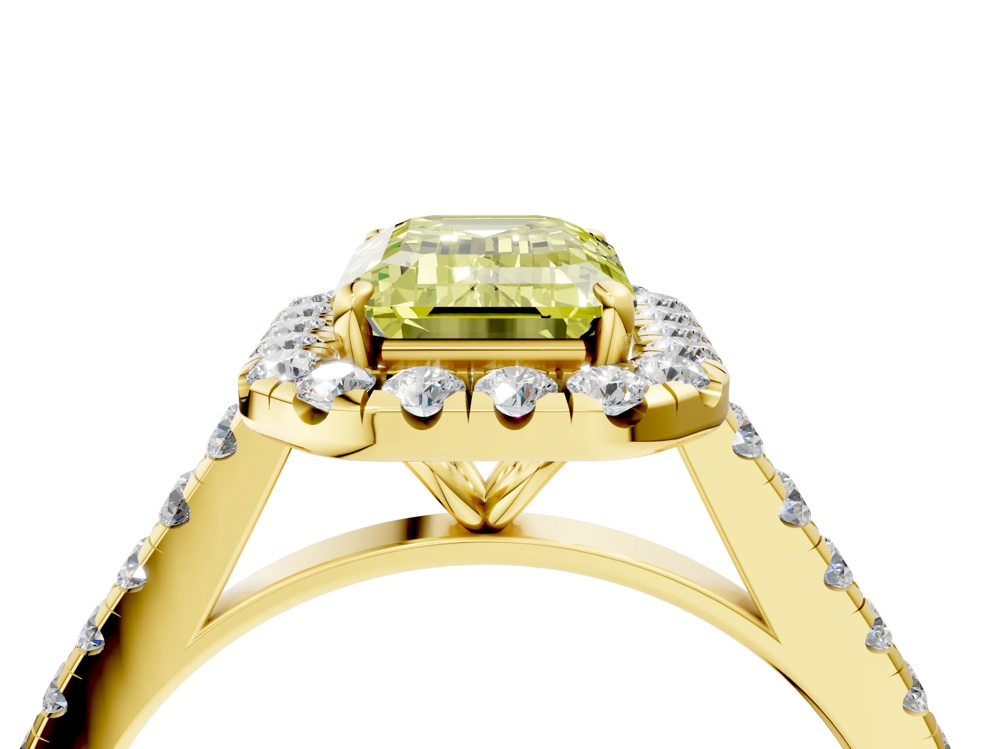 Yellow gold Fancy Yellow Emerald Cut Halo Pave Diamond Engagement Ring with Four-Prong Setting_4