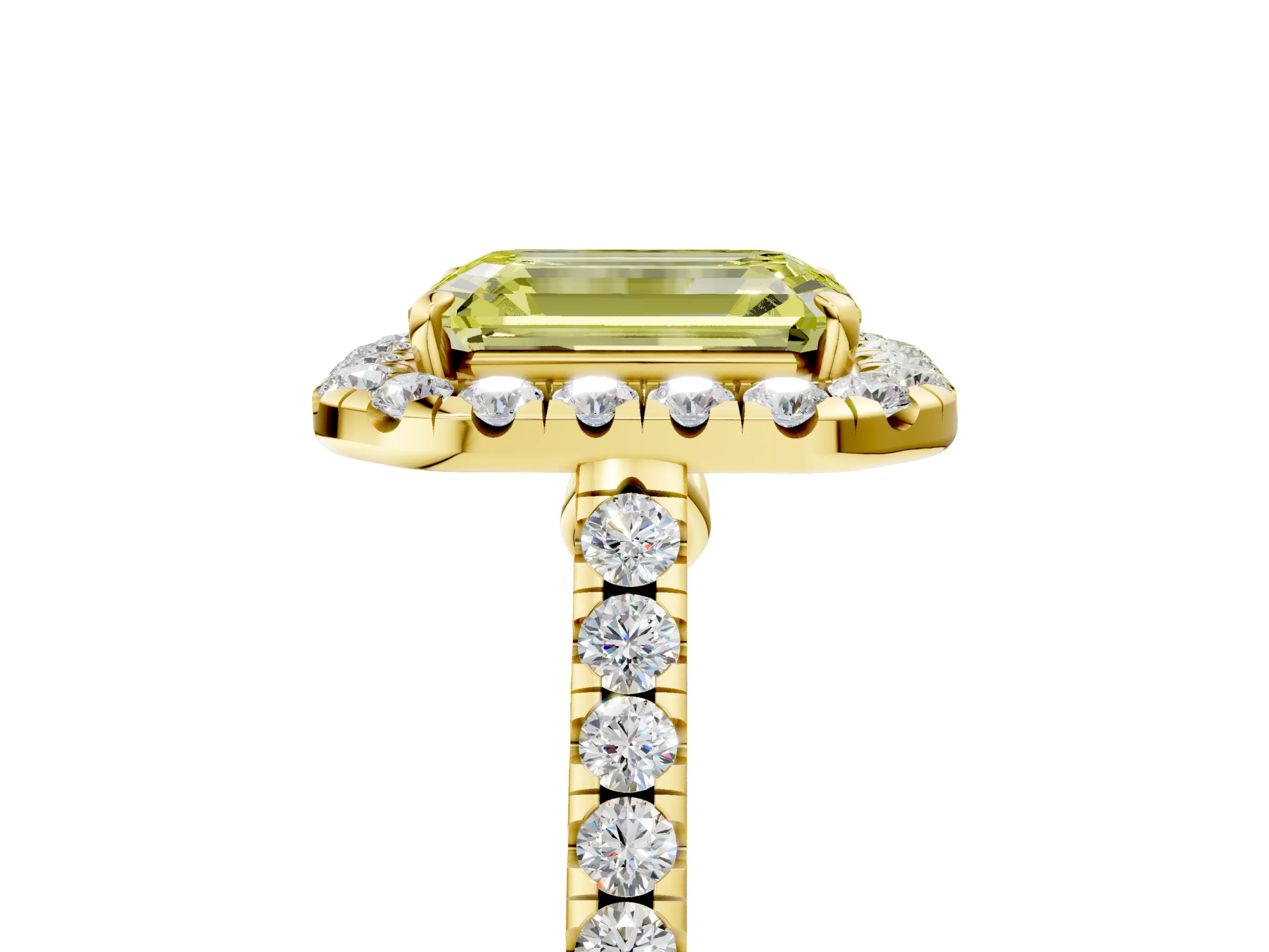 Yellow gold Fancy Yellow Emerald Cut Halo Pave Diamond Engagement Ring with Four-Prong Setting_5