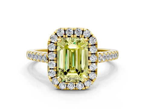 Yellow gold Fancy Yellow Emerald Cut Halo Pave Diamond Engagement Ring with Four-Prong Setting