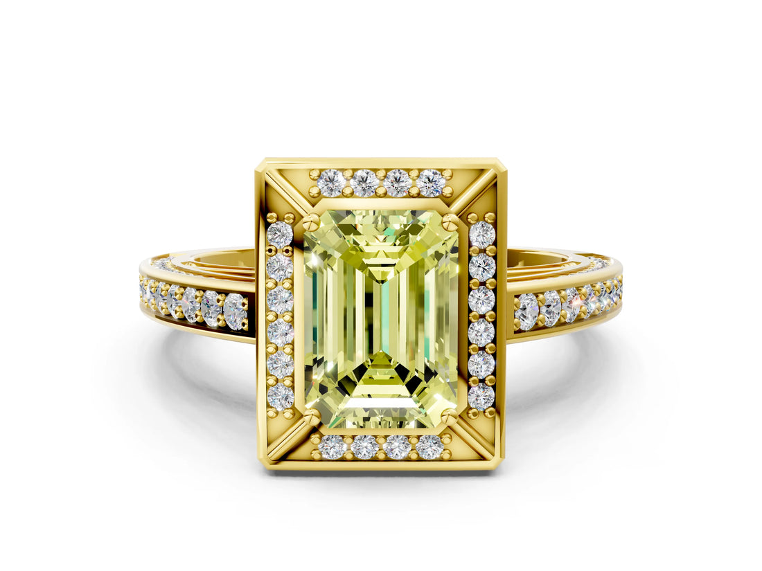 Yellow gold Fancy Yellow Emerald  Cut Halo Pave Split Shank Prong Setting Ring_31