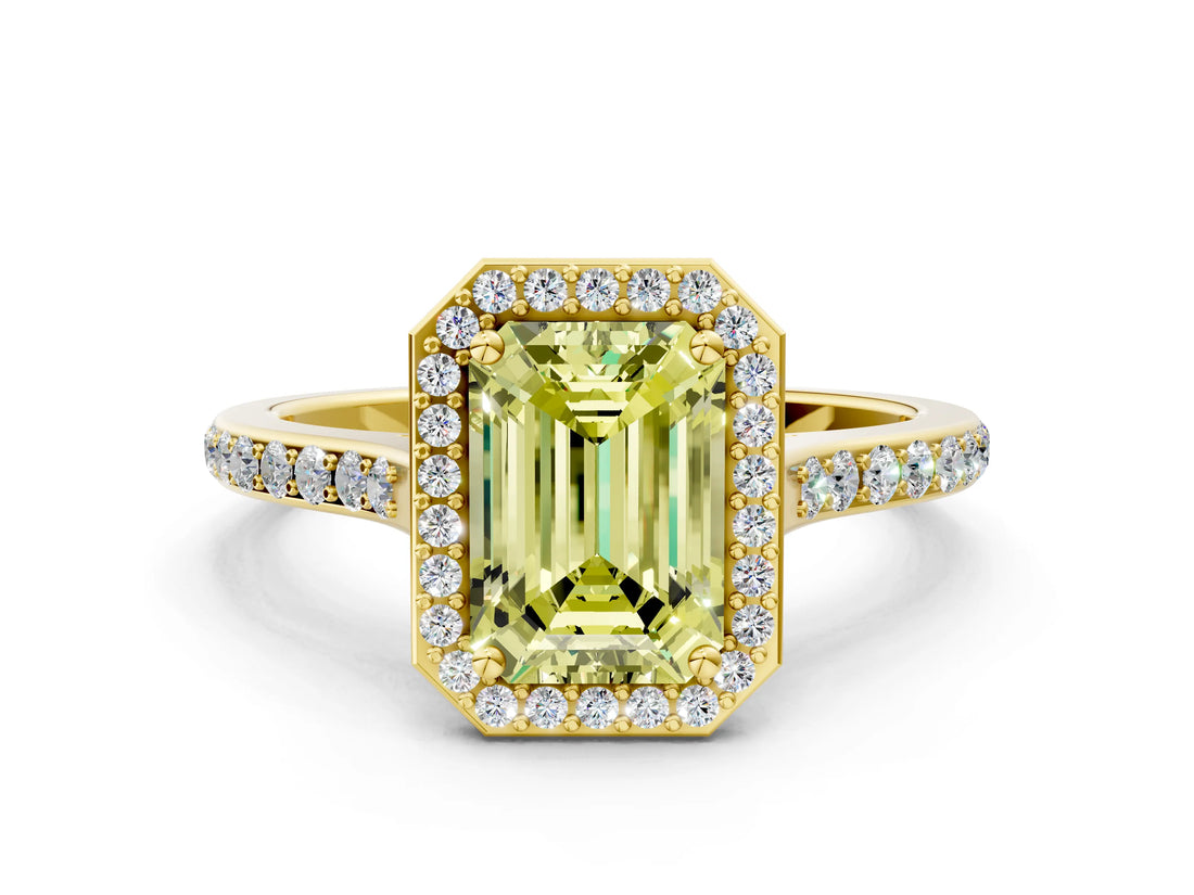 Yellow gold Fancy Yellow Emerald Cut Halo Round Diamond Pavé Band with Four-Prong Setting_3
