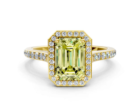 Yellow gold Fancy Yellow Emerald Cut Halo Round Diamond Pavé Band with Four-Prong Setting_3