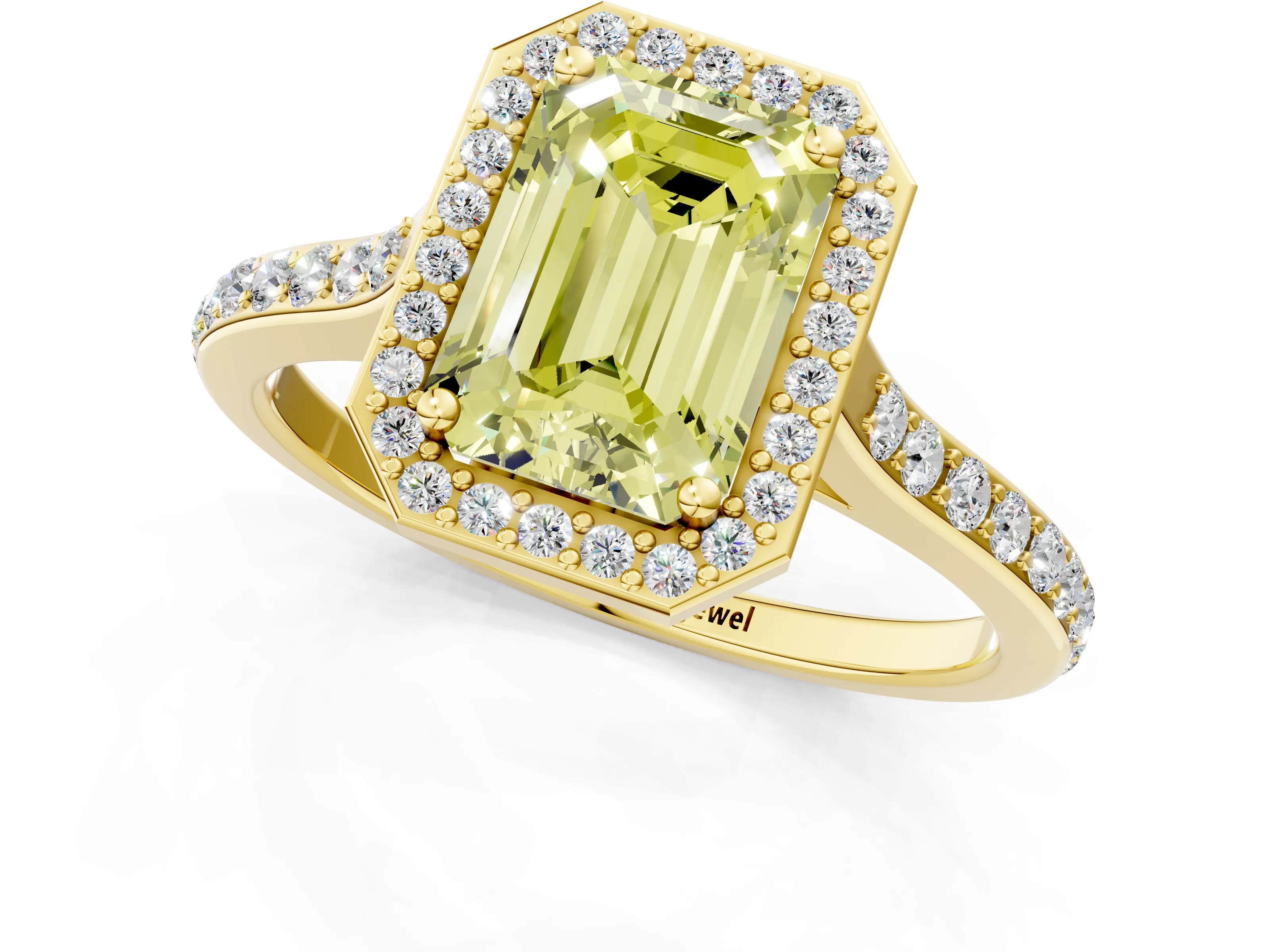 Yellow gold Fancy Yellow Emerald Cut Halo Round Diamond Pavé Band with Four-Prong Setting_4