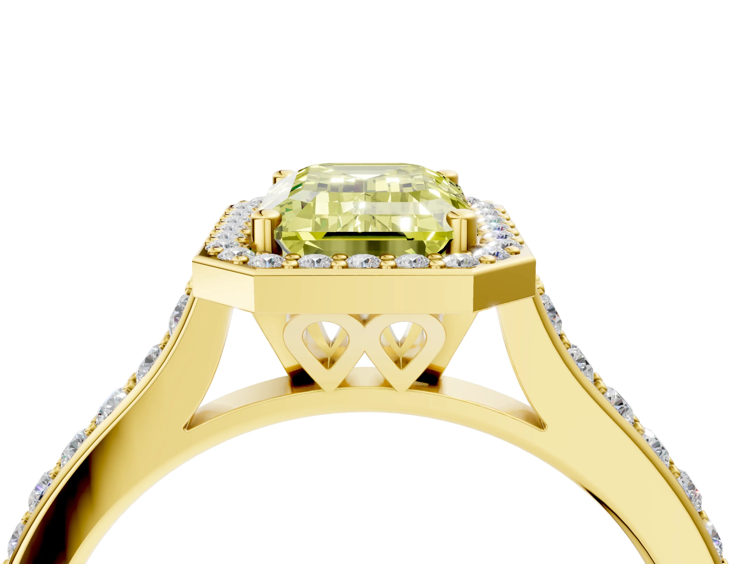 Yellow gold Fancy Yellow Emerald Cut Halo Round Diamond Pavé Band with Four-Prong Setting_7