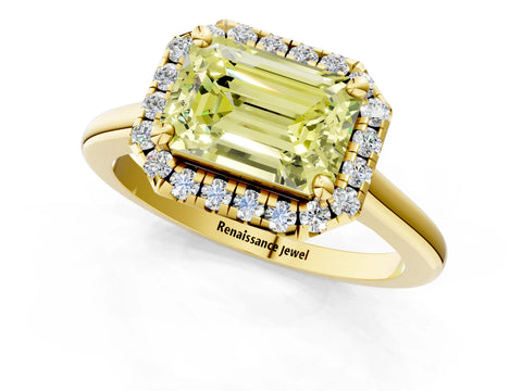 Yellow gold Fancy Yellow Emerald Cut Halo Round Diamond Solitaire Engagement Ring with Pave Band and Four-Prong Setting_13