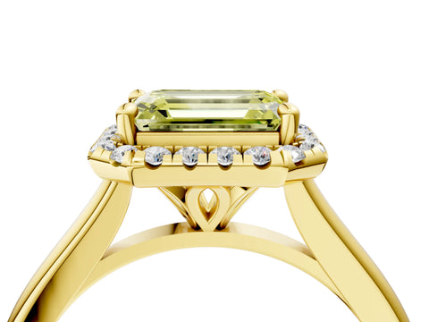 Yellow gold Fancy Yellow Emerald Cut Halo Round Diamond Solitaire Engagement Ring with Pave Band and Four-Prong Setting_16