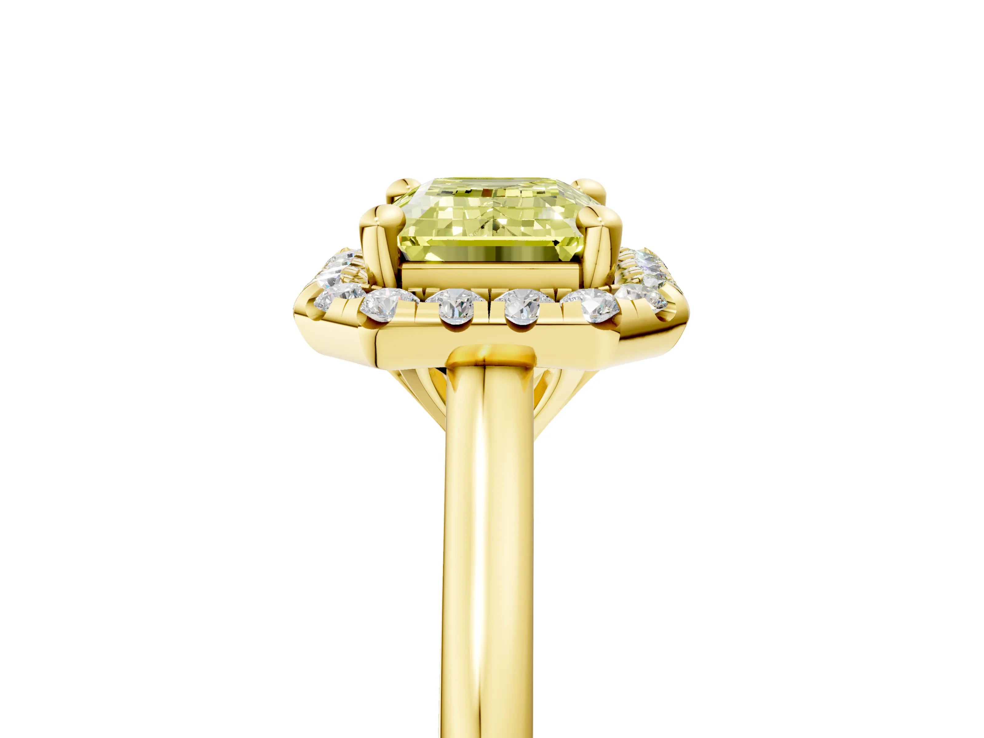 Yellow gold Fancy Yellow Emerald Cut Halo Round Diamond Solitaire Engagement Ring with Pave Band and Four-Prong Setting_17