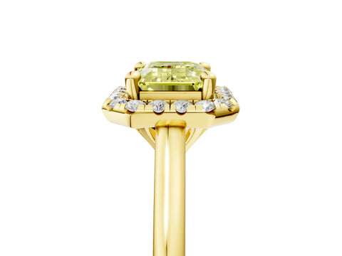 Yellow gold Fancy Yellow Emerald Cut Halo Round Diamond Solitaire Engagement Ring with Pave Band and Four-Prong Setting_17