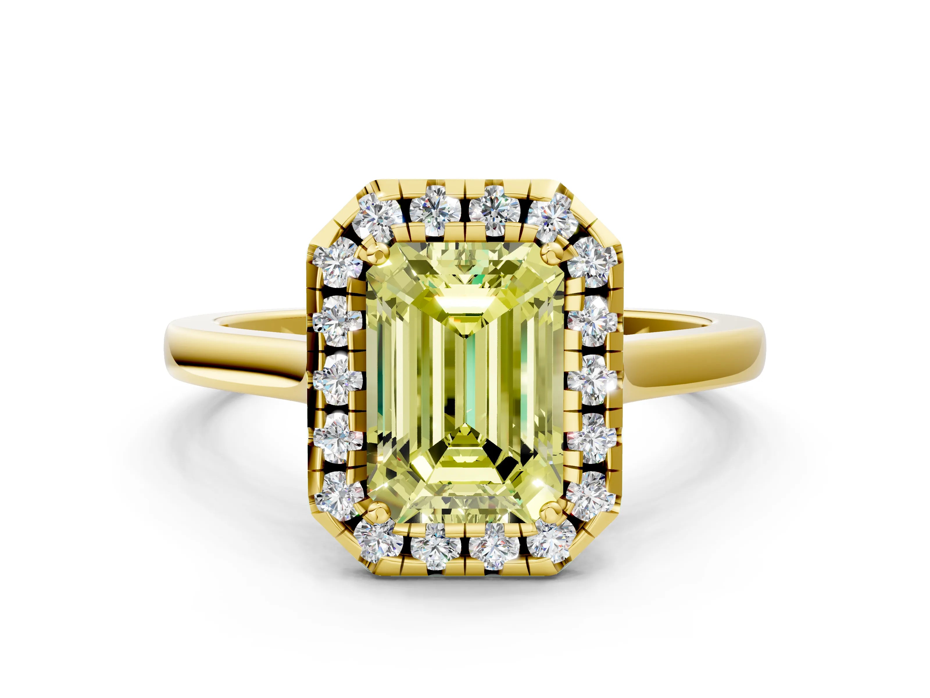 Yellow gold Fancy Yellow Emerald Cut Halo Round Diamond Solitaire Ring with Pavé Band and Four-Prong Setting