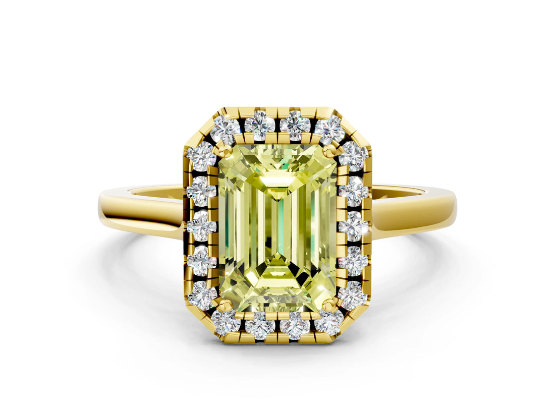 Yellow gold Fancy Yellow Emerald Cut Halo Round Diamond Solitaire Ring with Pavé Band and Four-Prong Setting