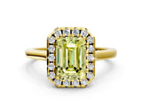 Yellow gold Fancy Yellow Emerald Cut Halo Round Diamond Solitaire Ring with Pavé Band and Four-Prong Setting