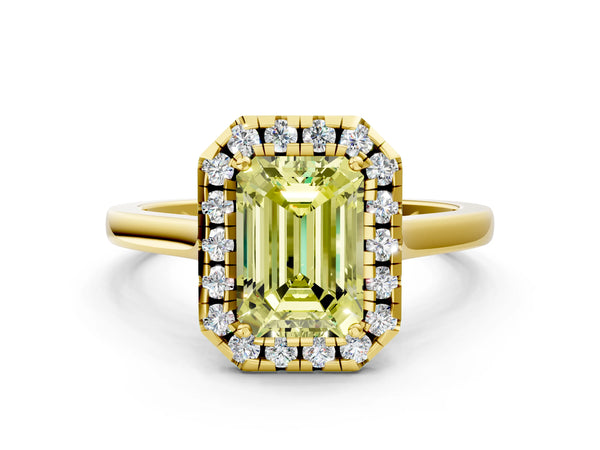 Yellow gold Fancy Yellow Emerald Cut Halo Round Diamond Solitaire Ring with Pavé Band and Four-Prong Setting