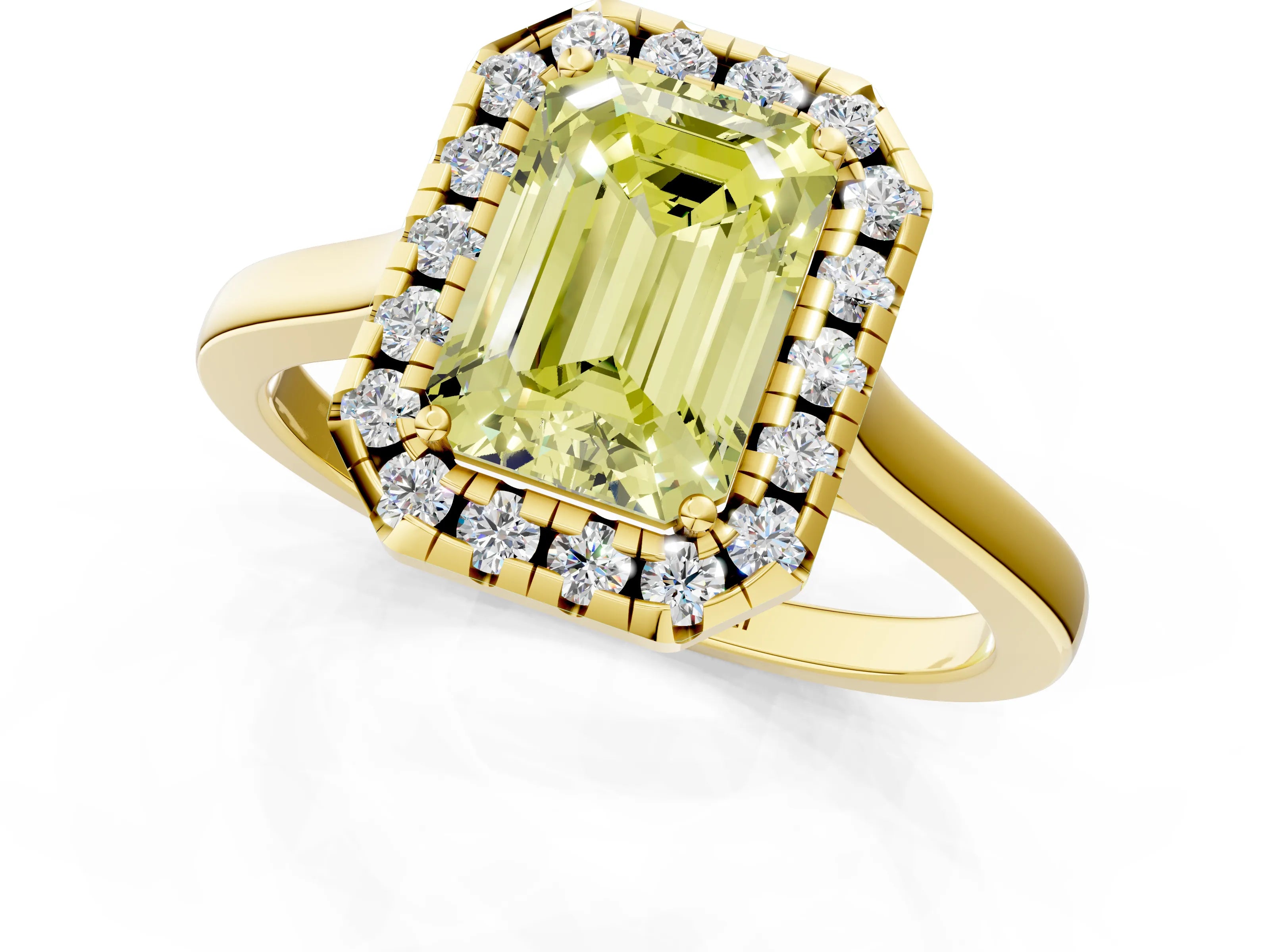 Yellow gold Fancy Yellow Emerald Cut Halo Round Diamond Solitaire Ring with Pavé Band and Four-Prong Setting_1