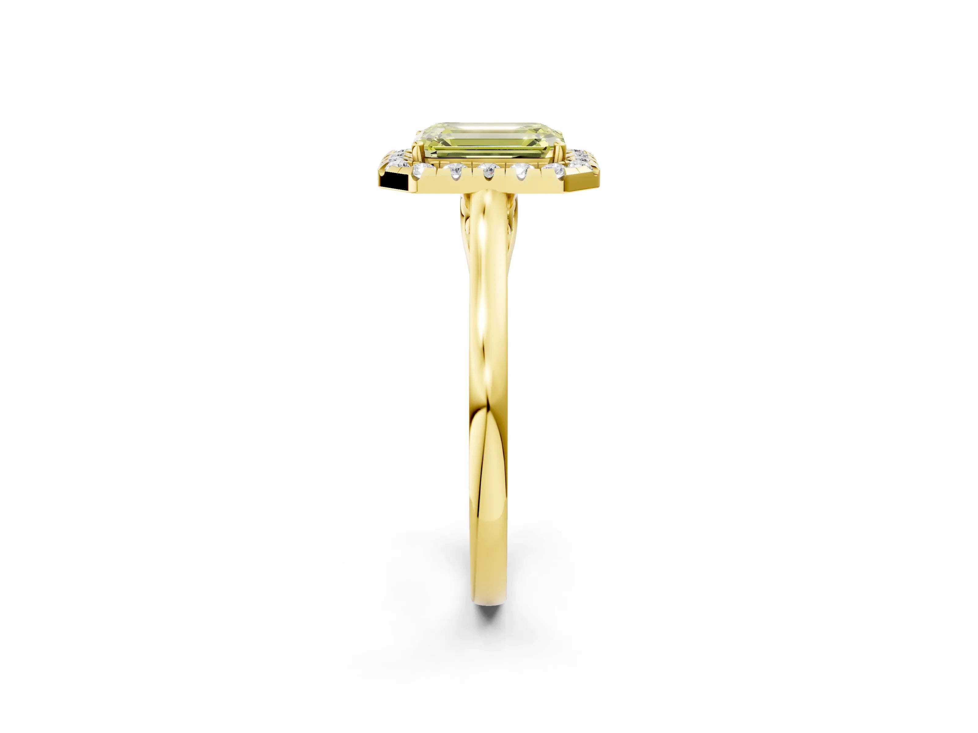 Yellow gold Fancy Yellow Emerald Cut Halo Round Diamond Solitaire Ring with Pavé Band and Four-Prong Setting_2