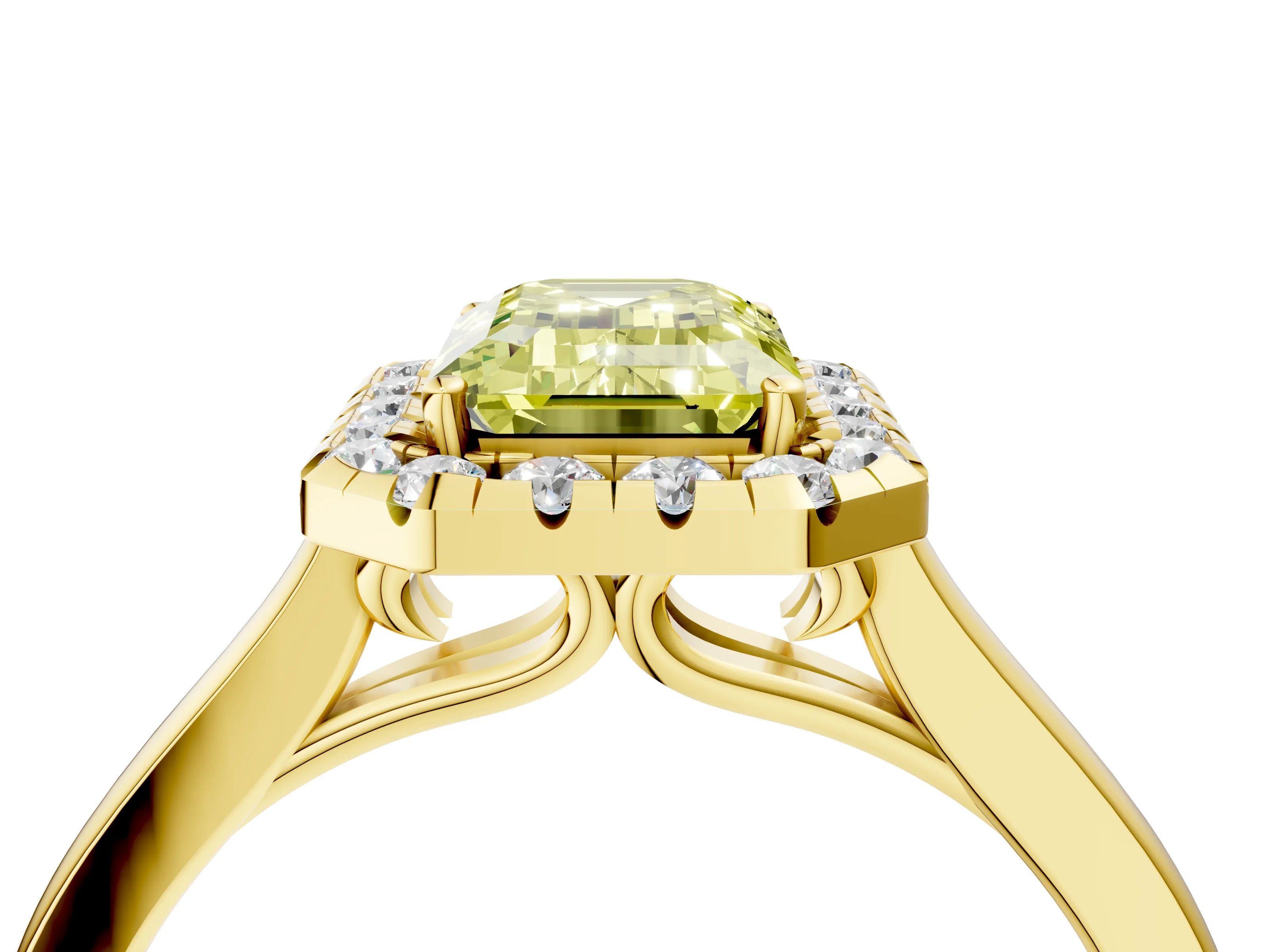 Yellow gold Fancy Yellow Emerald Cut Halo Round Diamond Solitaire Ring with Pavé Band and Four-Prong Setting_4