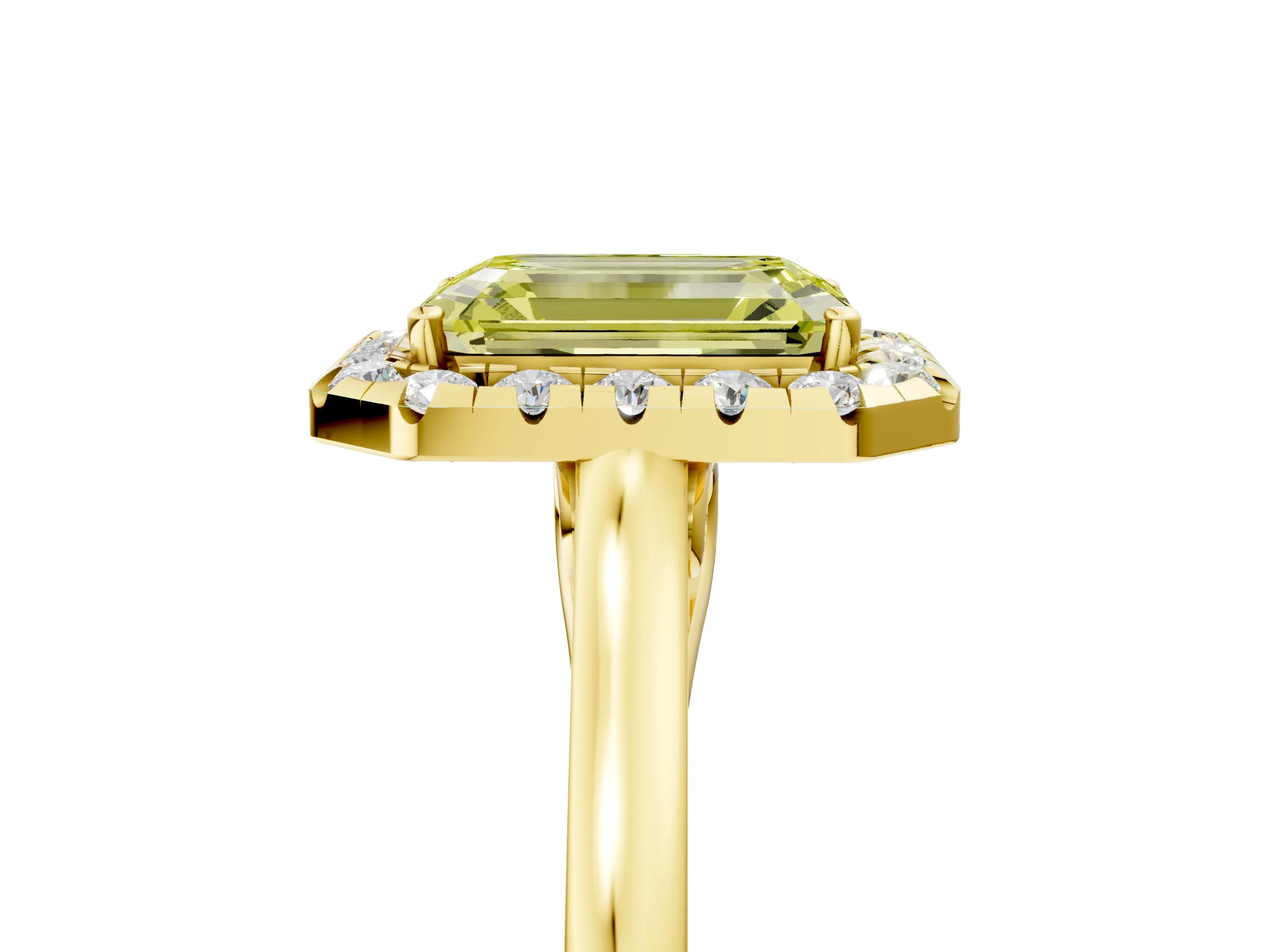 Yellow gold Fancy Yellow Emerald Cut Halo Round Diamond Solitaire Ring with Pavé Band and Four-Prong Setting_5