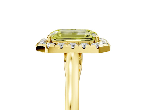 Yellow gold Fancy Yellow Emerald Cut Halo Round Diamond Solitaire Ring with Pavé Band and Four-Prong Setting_5