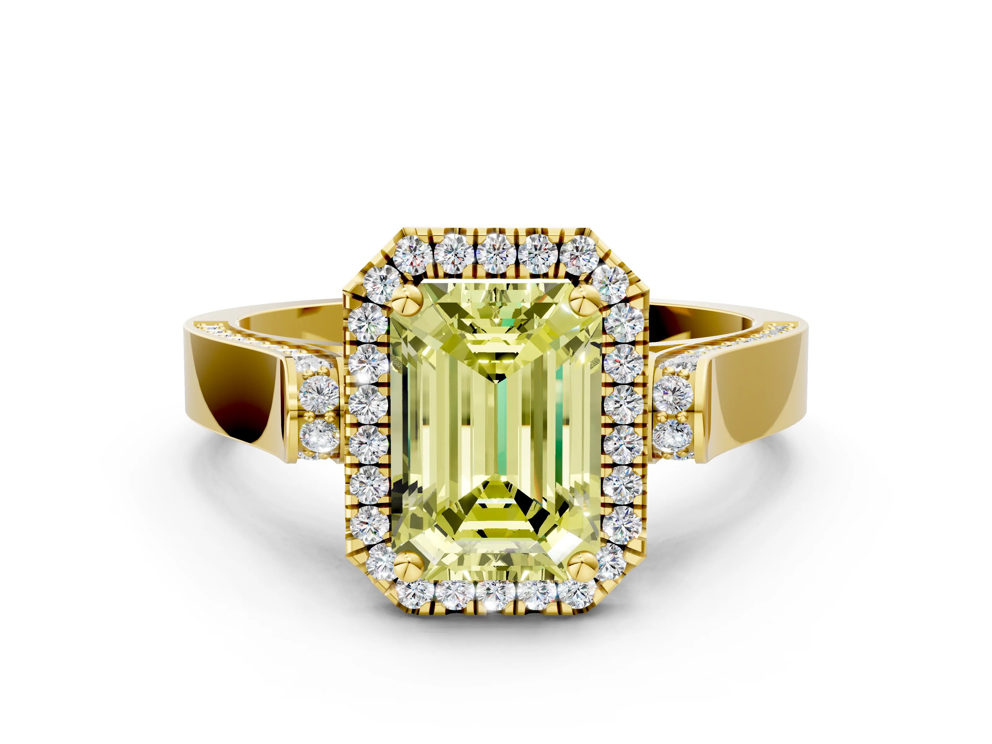 Yellow gold Fancy Yellow Emerald Cut Halo Round Diamond Twist Band with Four-Prong Setting