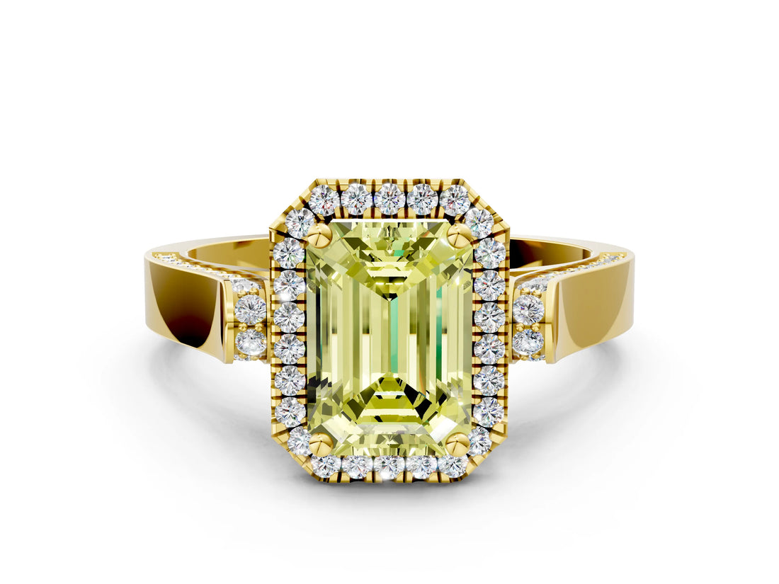 Yellow gold Fancy Yellow Emerald Cut Halo Round Diamond Twist Band with Four-Prong Setting