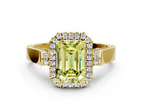 Yellow gold Fancy Yellow Emerald Cut Halo Round Diamond Twist Band with Four-Prong Setting