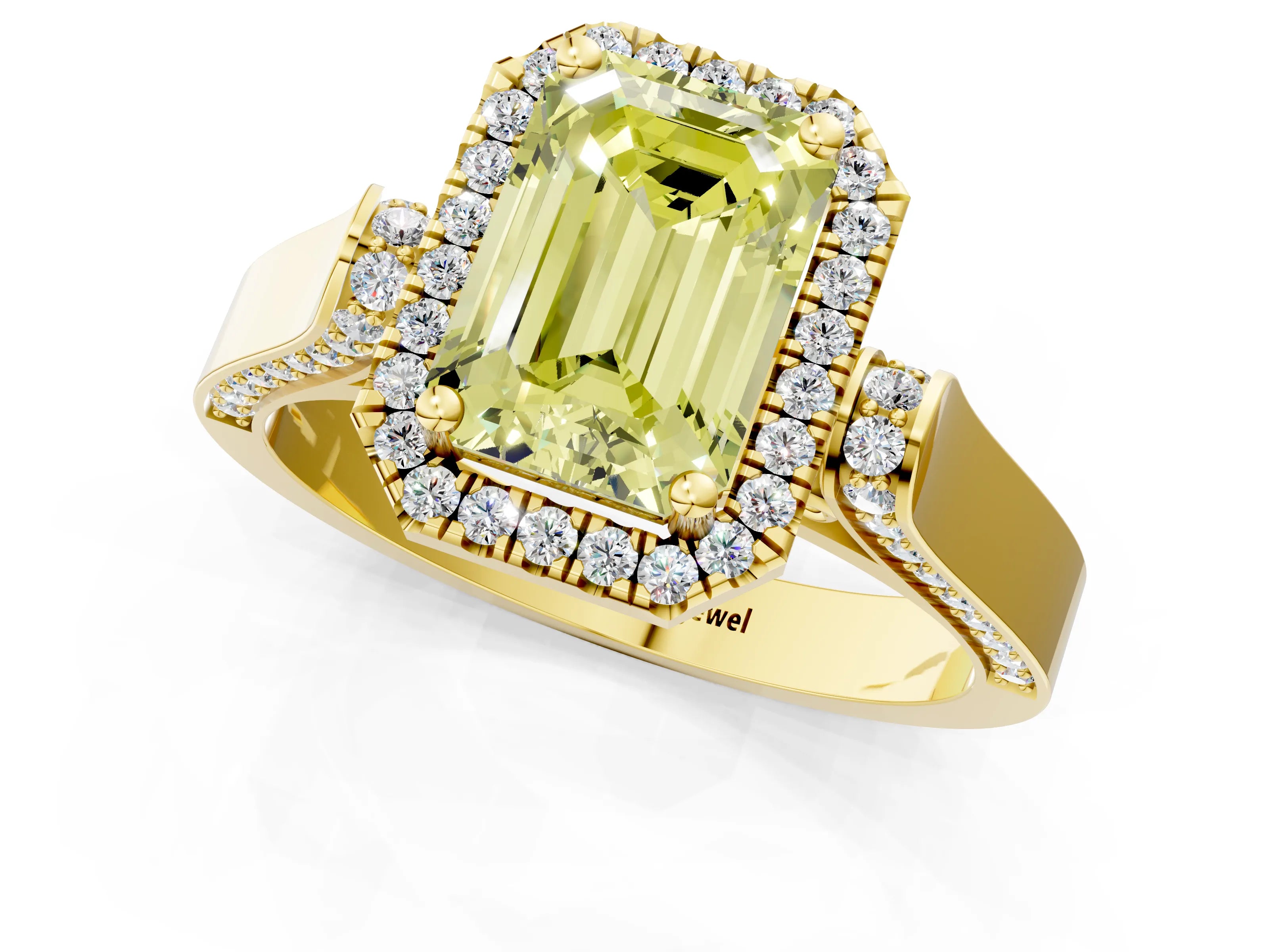 Yellow gold Fancy Yellow Emerald Cut Halo Round Diamond Twist Band with Four-Prong Setting_1