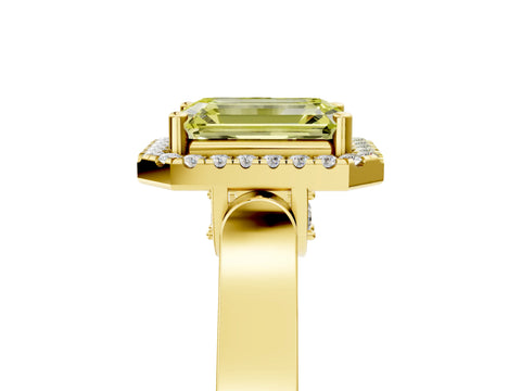 Yellow gold Fancy Yellow Emerald Cut Halo Round Diamond Twist Band with Four-Prong Setting_5