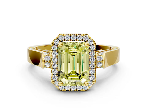 Yellow gold Fancy Yellow Emerald Cut Halo Round Diamond Twist Band with Four-Prong Setting