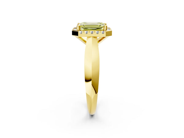 Yellow gold Fancy Yellow Emerald  Cut Halo Solitaire Engagement Ring with Square Band and Four-Prong Setting