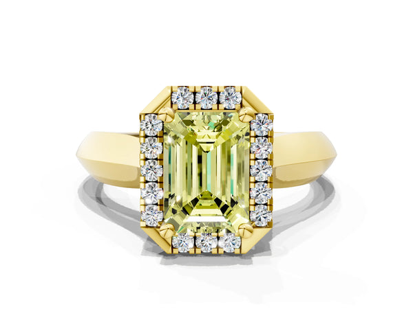 Yellow gold Fancy Yellow Emerald  Cut Halo Solitaire Engagement Ring with Square Band and Four-Prong Setting